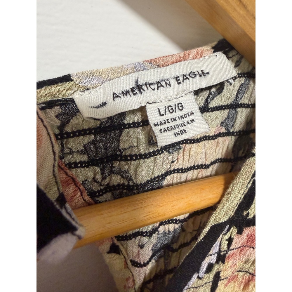 American Eagle Vintage Floral Smocked Romper Long Sleeve Pockets Black Large - Picture 11 of 11